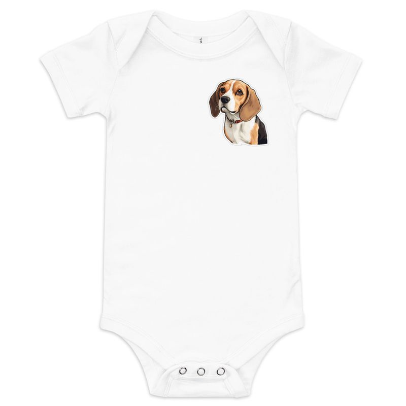Baby Short Sleeve One Piece, 3-24 Months, Beagle dog with collar, left chest 