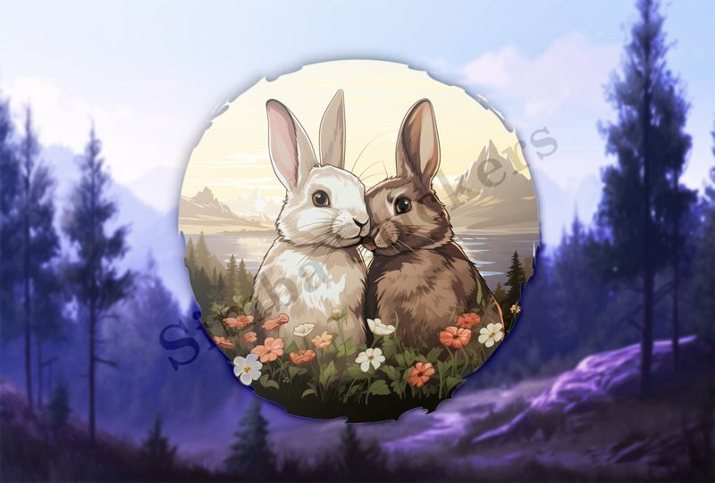 Rabbits in love , nose-to-nose, lake and mountains in background