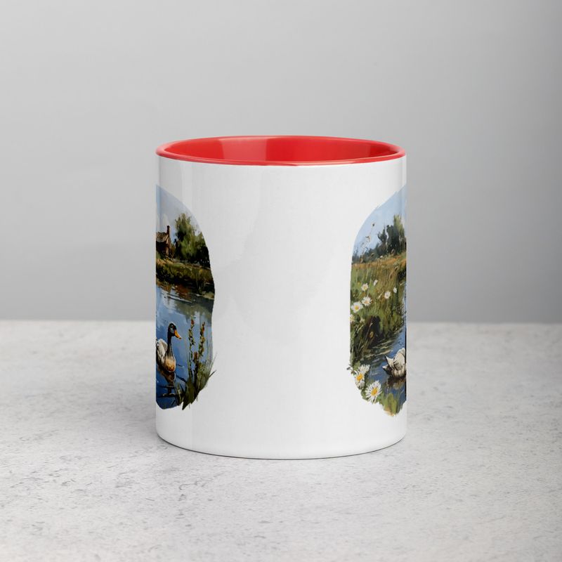 White Ceramic Mug with Color Inside, 11 &amp;15oz, Ducks in love swimming in farmhouse pond 