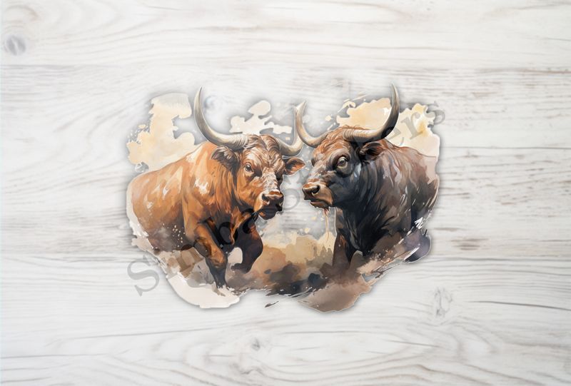 Bulls aggressively charging, watercolour
