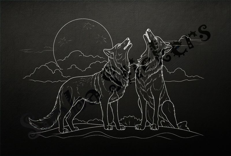 Wolves howling at the moon, outline art
