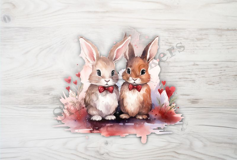 Bunnies with bowties in love, watercolour