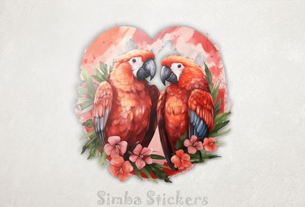 Reddish parrots in romantic reddish background, watercolour, ujfxjt
