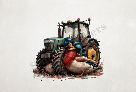 Ducks cuddling in front of farmer&#x27;s green tractor