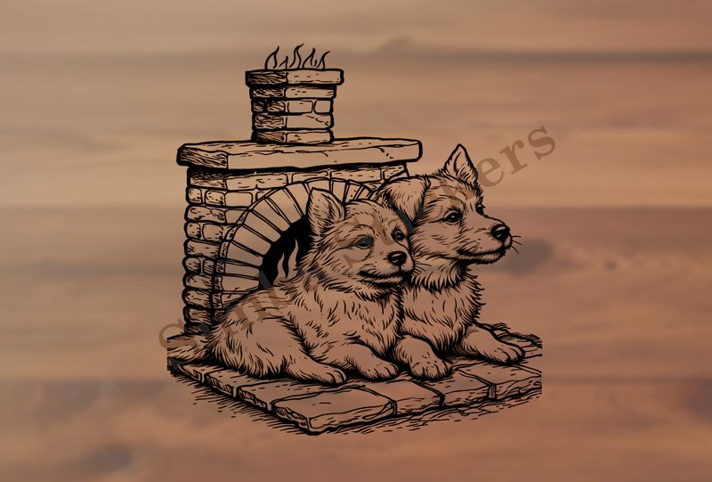Dogs cuddling by a fireplace, romantic, outline art