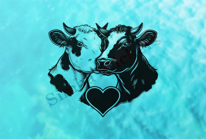 Cattle  cheek-to-cheek, heart in picture, outline art