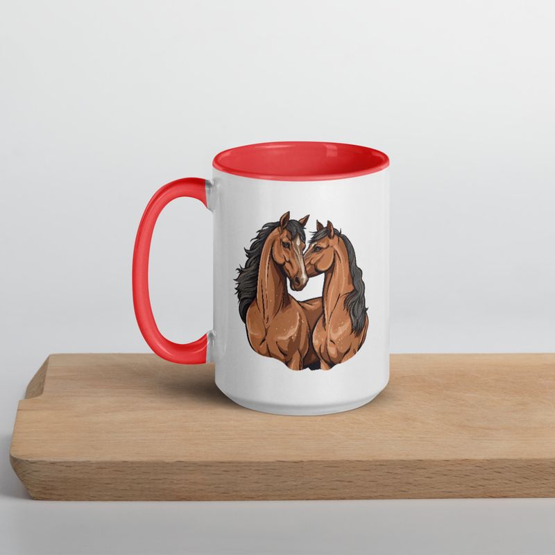 White Ceramic Mug with Color Inside, 11&amp;15oz, Two brown horses snuggling, tdwcyd