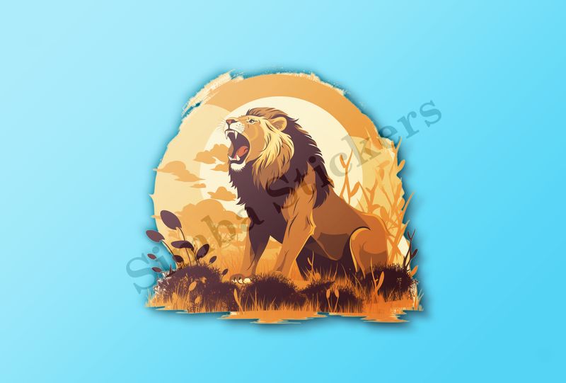 Male lion roaring at sunrise