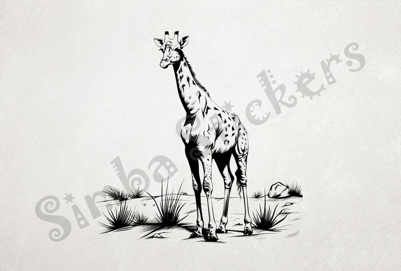 Giraffe facing frontwards in shrubs, outline art