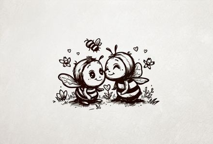 Happy bees in love cheek-to-cheek, outline art