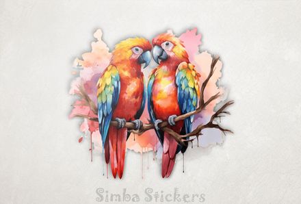 Parrots in love perching nose-to-nose in pinkish background, watercolour, cpi3i9