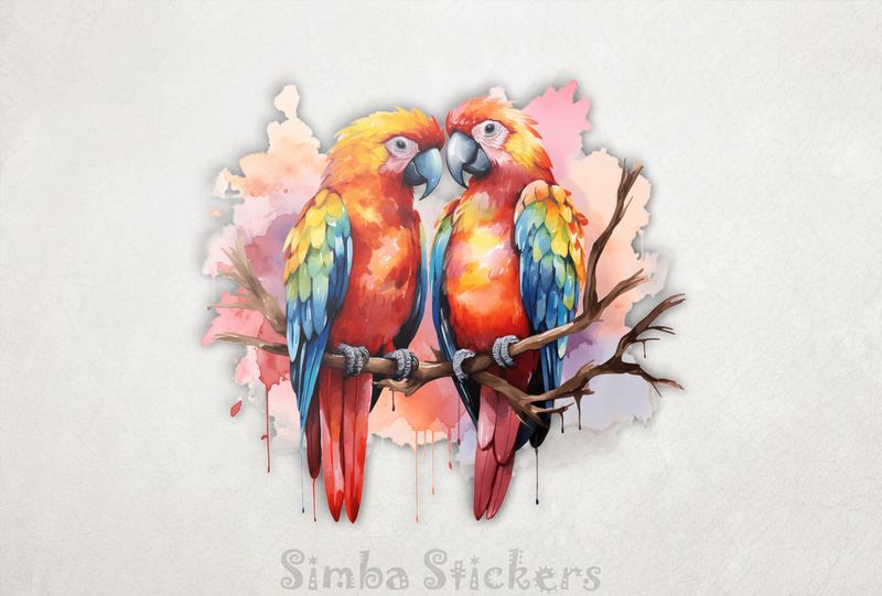 Parrots in love perching nose-to-nose in pinkish background, watercolour, cpi3i9