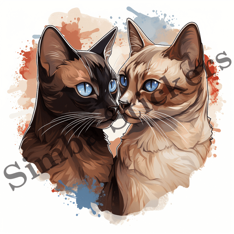 Tonkinese cats in love, watercolour, image set, 10 images