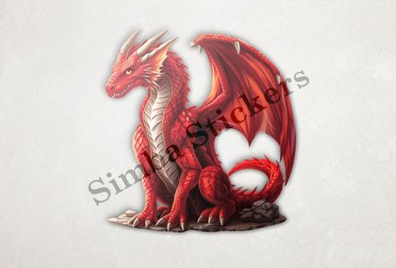 Red dragon spreading wings on rocky platform