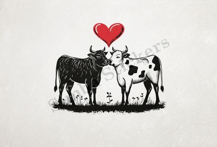 Bull and cow nose-to-nose romantically ,  outline art