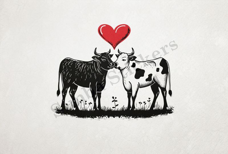 Bull and cow nose-to-nose romantically ,  outline art
