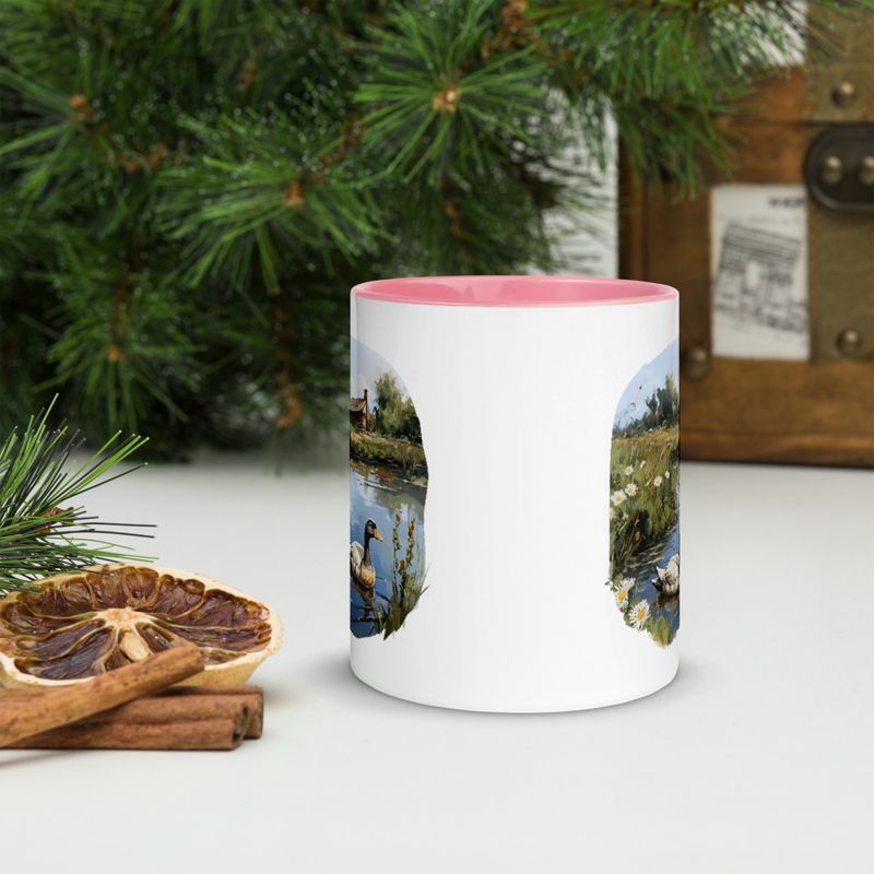 White Ceramic Mug with Color Inside, 11 &amp;15oz, Ducks in love swimming in farmhouse pond 