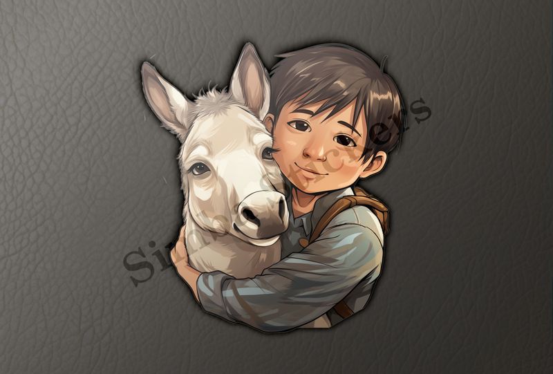 Donkey hugged by small child of Asian origin