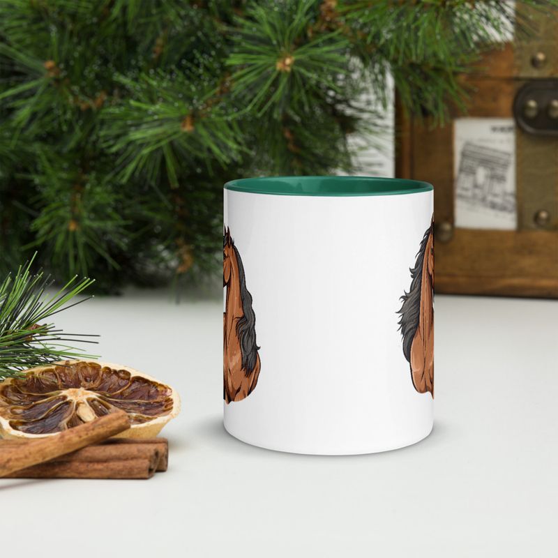White Ceramic Mug with Color Inside, 11&amp;15oz, Two brown horses snuggling, tdwcyd