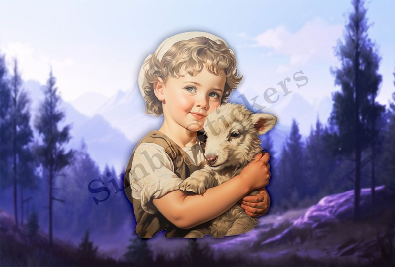 Lamb in arms of small boy wearing white head-covering, vintage