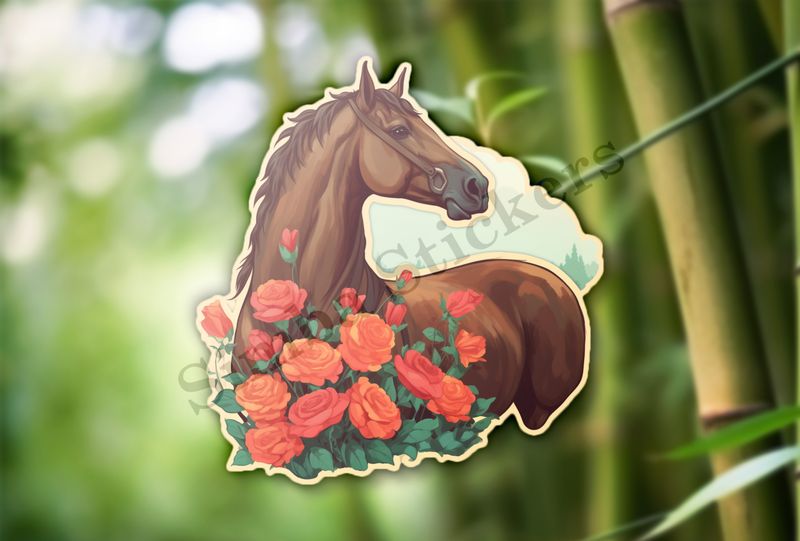 Brown horse behind roses