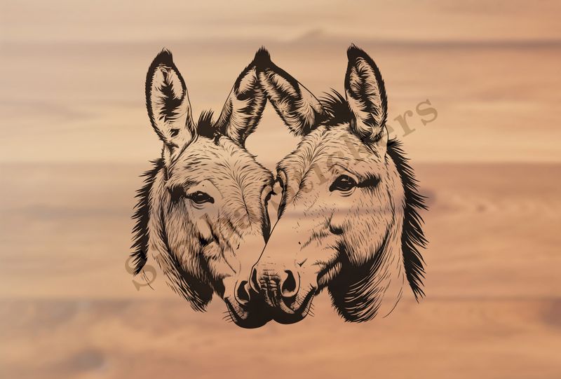 Donkeys in love, nose-to-nose, outline art