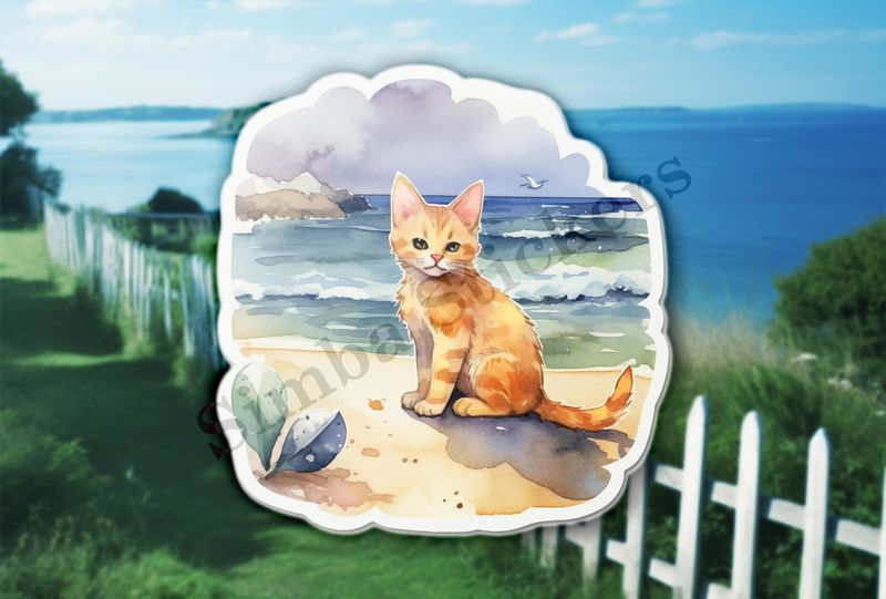 Cat on the beach, watercolour
