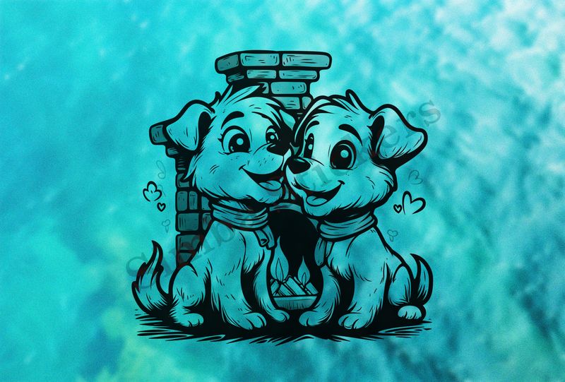 Cute dogs by the fireplace, outline art