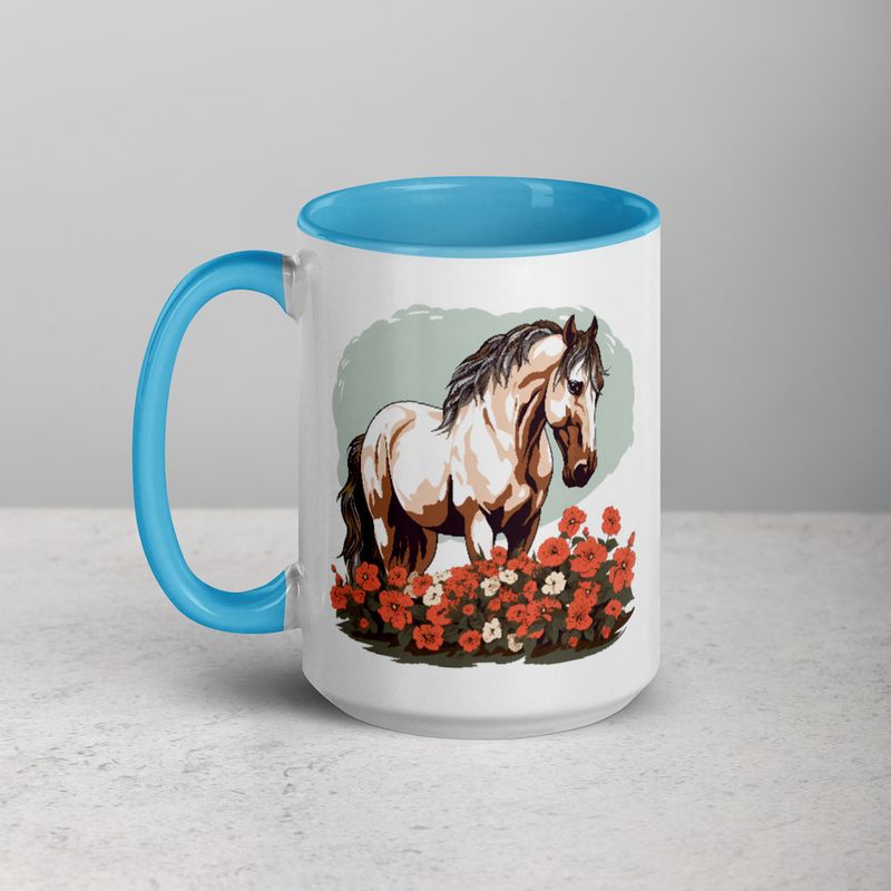 White Ceramic Mug with Color Inside, 11&amp;15oz, Brown horse in field of red flowers, n4w2fj