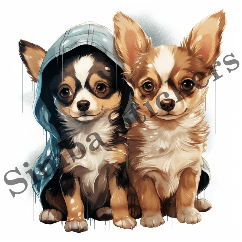 Chihuahua dogs wet in the rain, watercolour, image set, 10 images