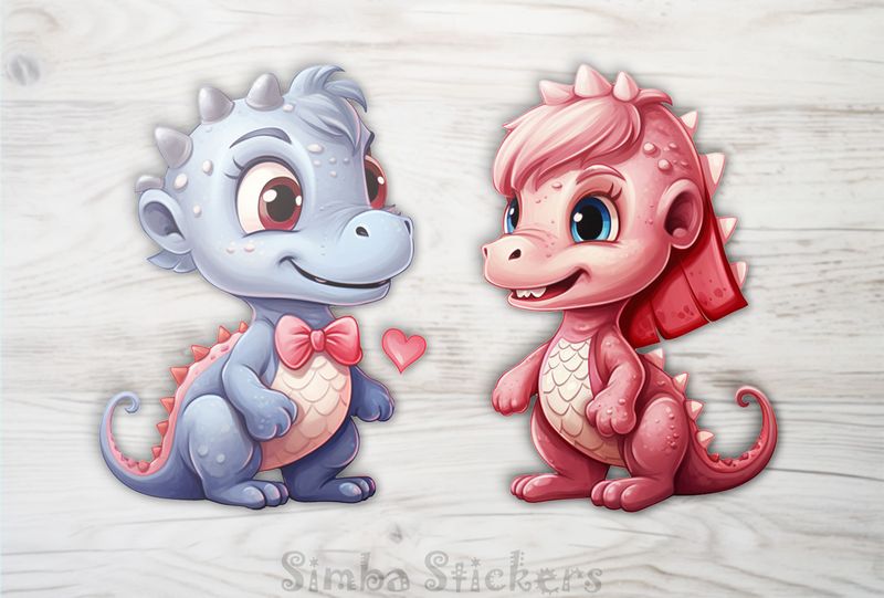 Blue and pink baby dinosaurs in love