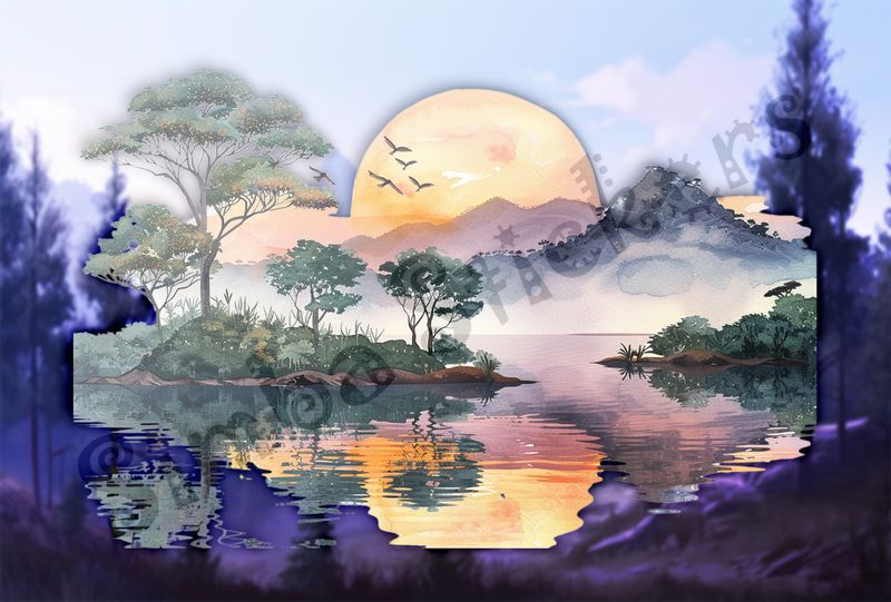 Equatorial Rainforest  landscape, with sun&#x27;s reflection on river
