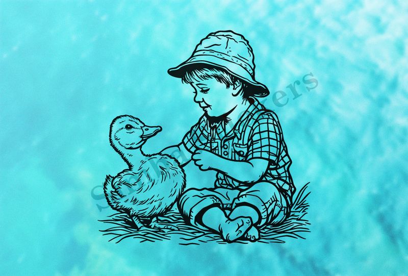 Duck petted by small boy in fishing hat, outline art