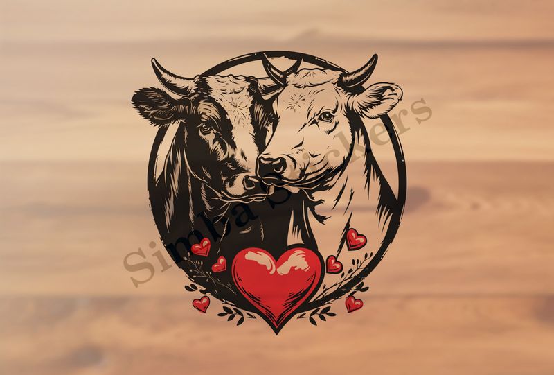 Bull and cow nose-to-nose , in circle, with hearts , outline art