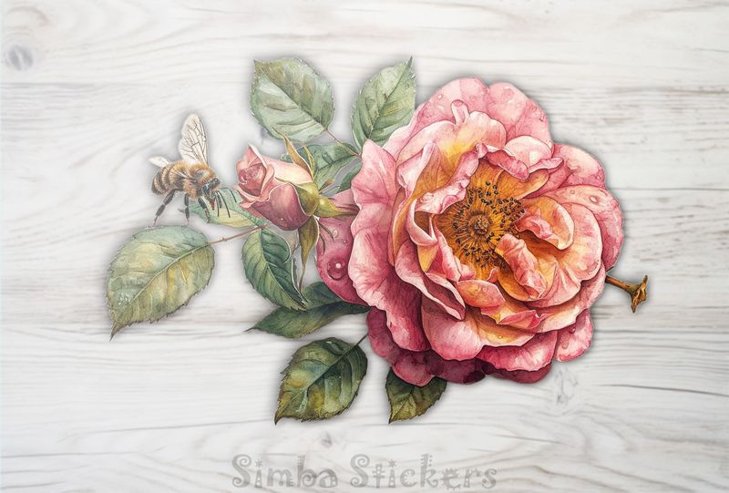 Bee approaching a pink rose flower