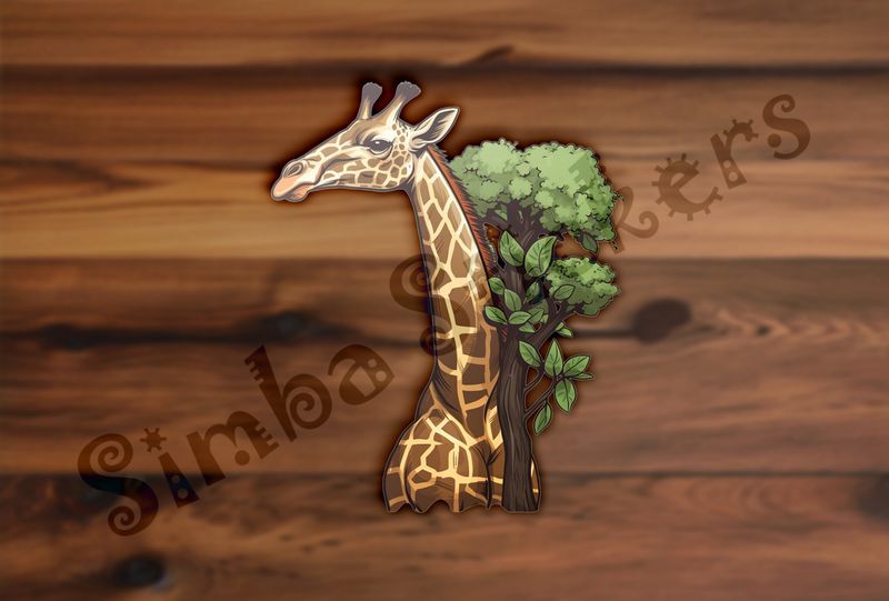 Giraffe standing tall next to tree, towering above it