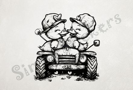 Ducklings in farmer&#x27;s hats beak-to-beak on tractor outline art