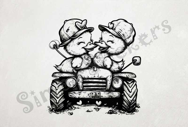 Ducklings in farmer&#x27;s hats beak-to-beak on tractor outline art