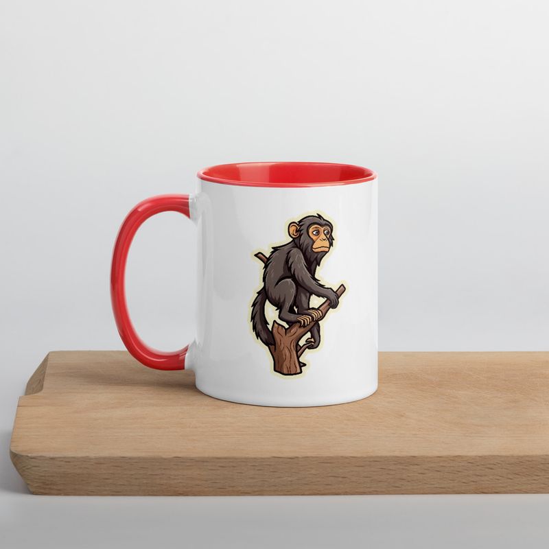 White Ceramic Mug with Color Inside, 11oz &amp; 15oz, Baboon on a tree, looking sad, head-to-head