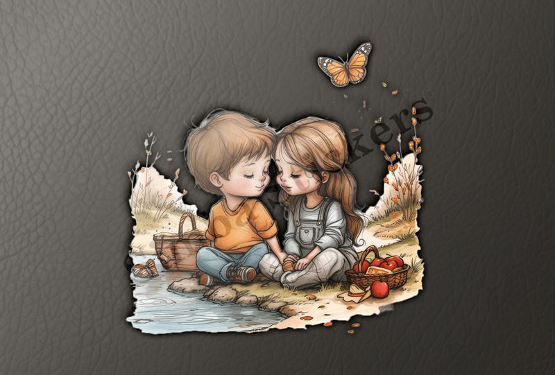 Boy and girl in love, holding hands next to a small stream, watercolour