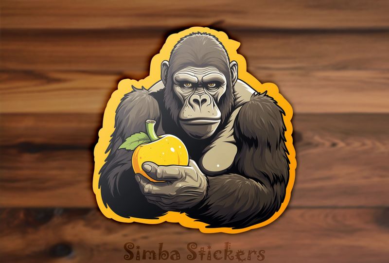 Gorilla holding a fruit and frowning, 8grvzt