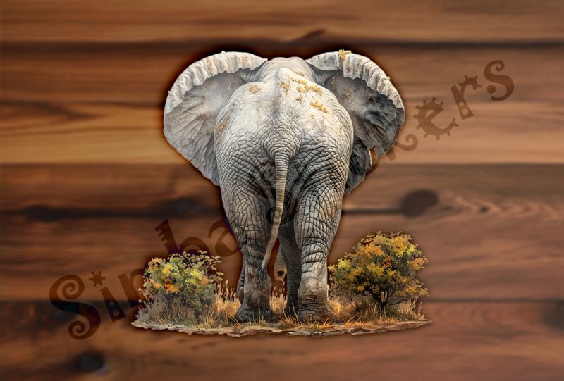 Elephant walking, tail slightly to the left, from behind