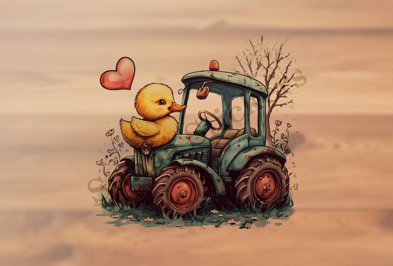 Duckling in love with farmer&#x27;s tractor