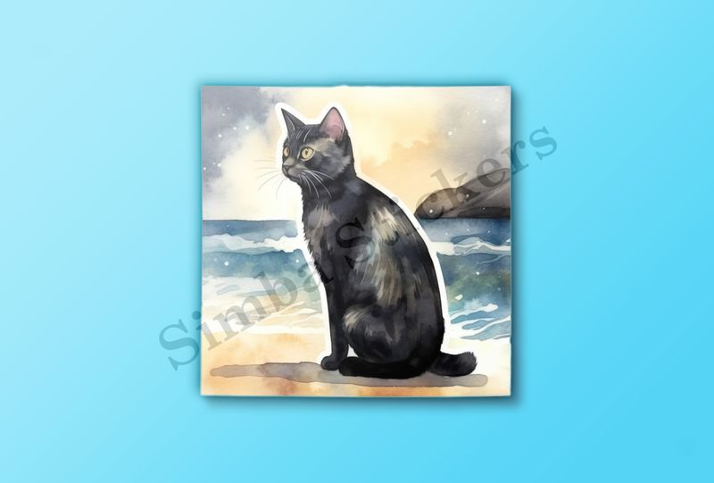 Cat, black, on the beach, watercolour