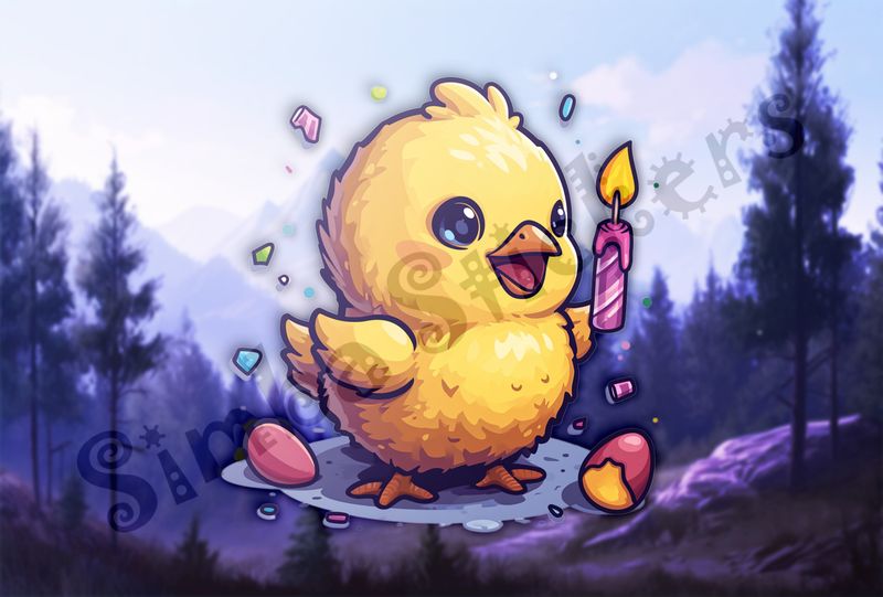 Chick happy holding up birthday candle