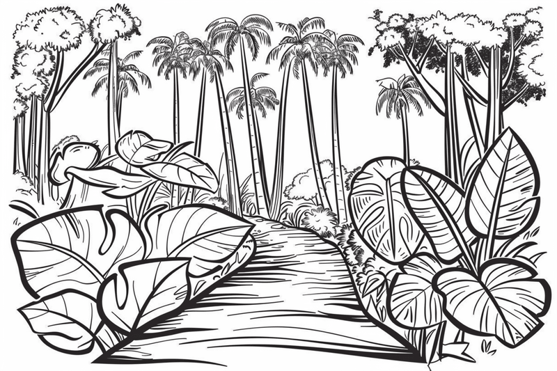 Colouring pages, bundle of Equatorial Rainforest landscape vegetation, 10 images