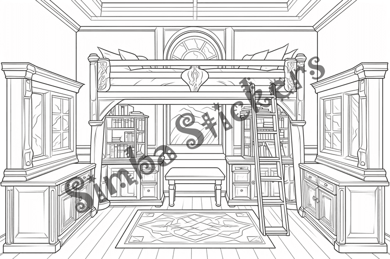 Colouring pages, bundle of house bedrooms, complex, 10 images