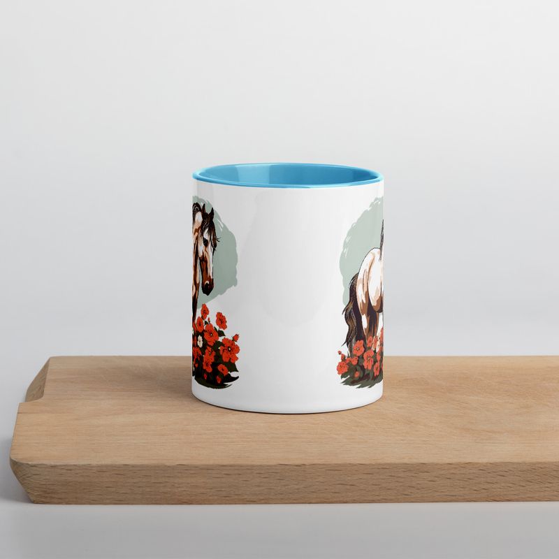 White Ceramic Mug with Color Inside, 11&amp;15oz, Brown horse in field of red flowers, n4w2fj