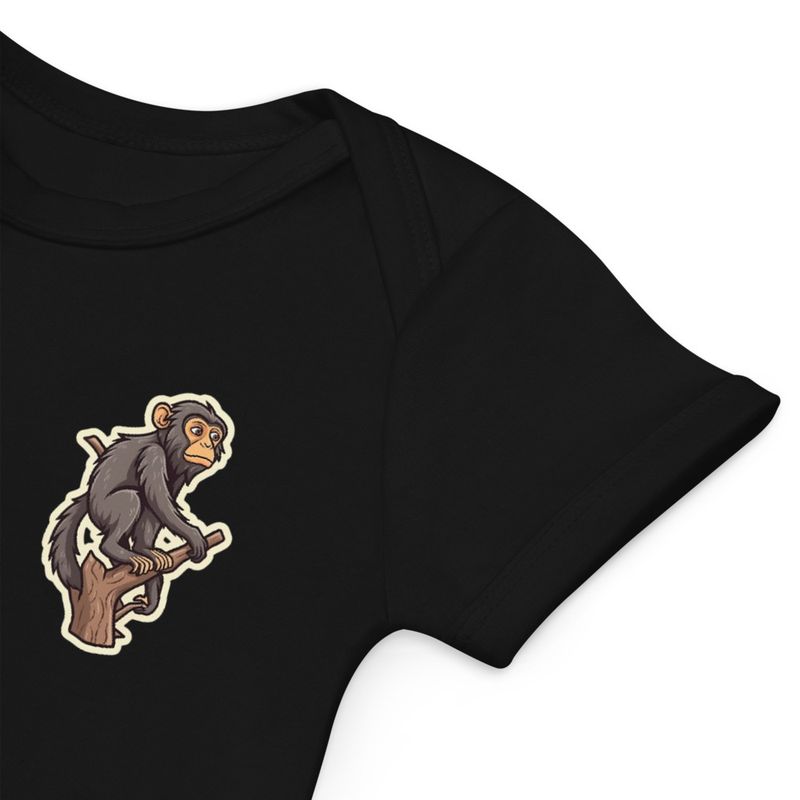 Organic Cotton Baby Bodysuit, 3-18 months, Baboon on a tree, looking sad, left chest