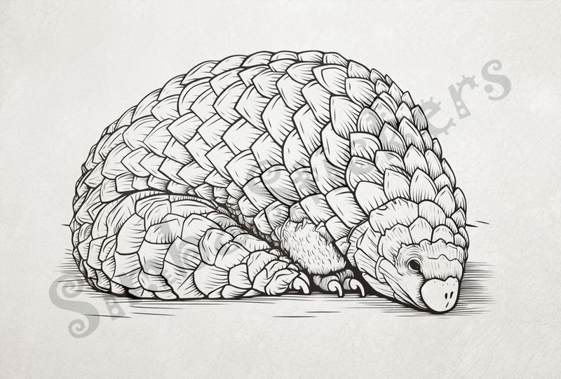 Pangolin sleeping, outline art